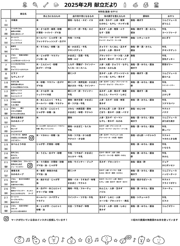 2025年2月献立予定表